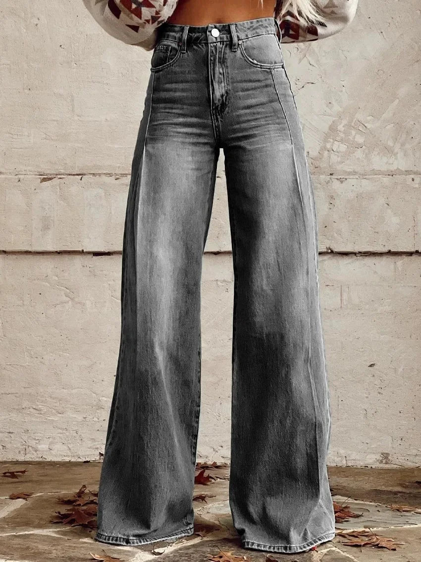 Plus Size Women Wide Leg Pants Faux Denim 3D Printed Flared Trousers Stretch Casual High Waist Fashion Yoga Pants