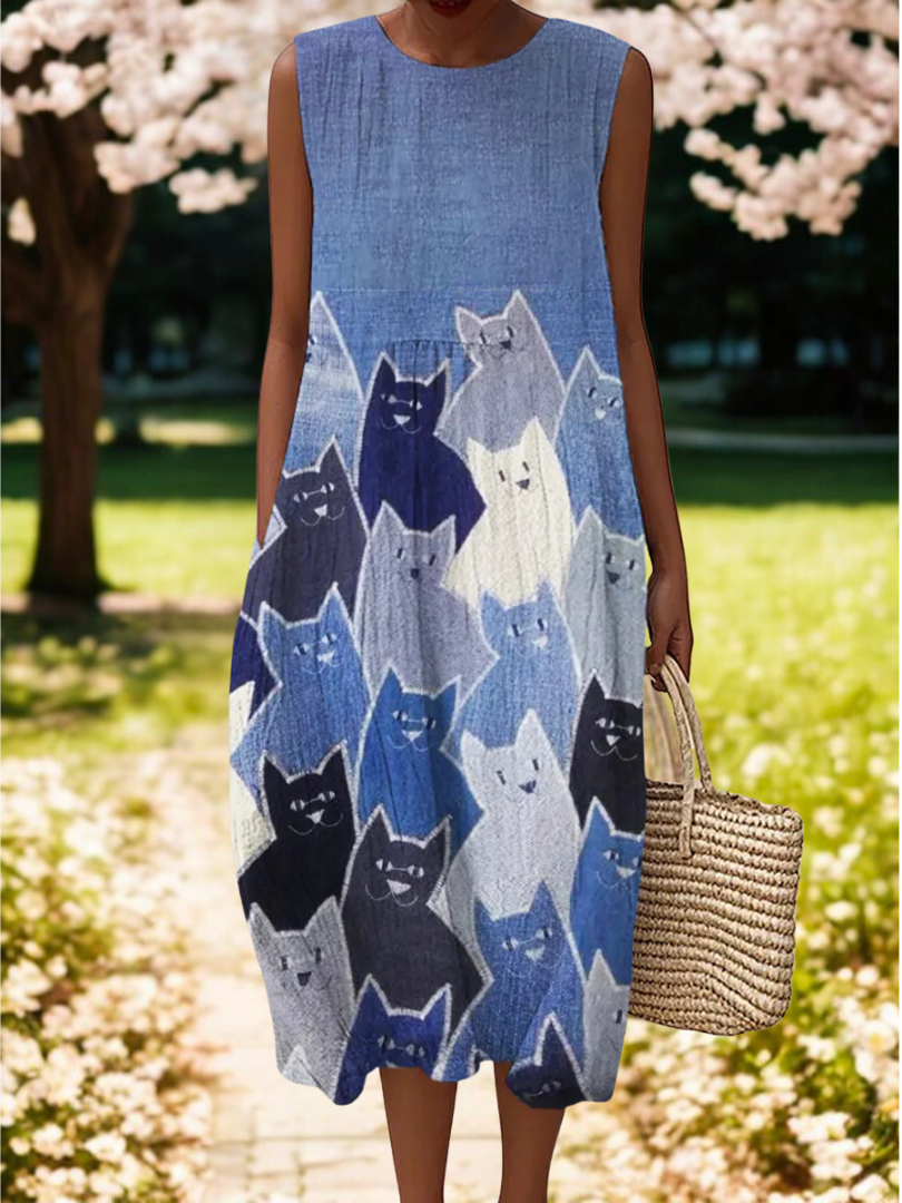 Hazel | Cat Patchwork Art Midi Dress